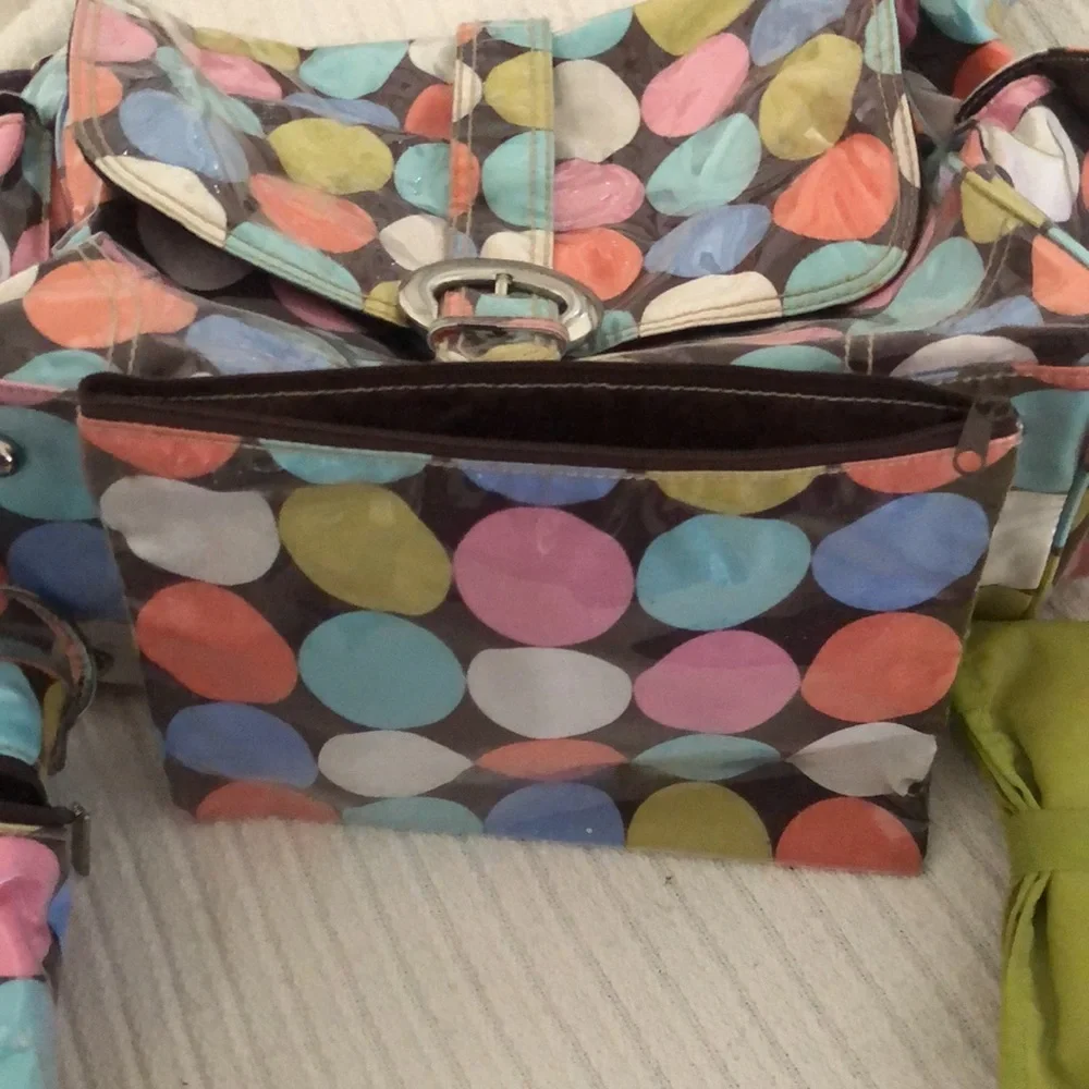 Multi colored easy wipe pokadot kalencom diaper bag